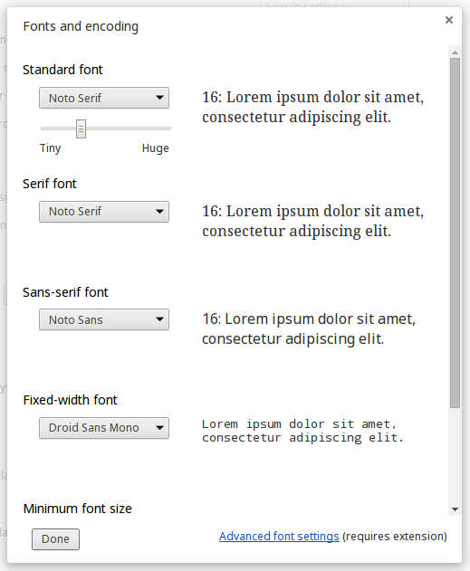 google chrome font settings