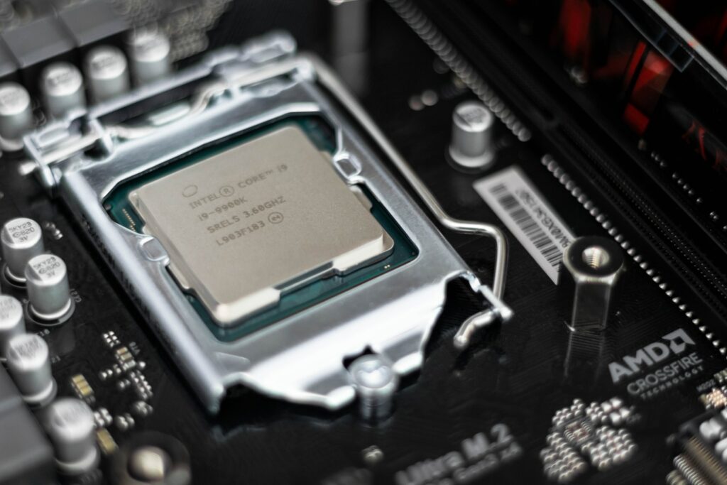 Intel CPU on black motherboard