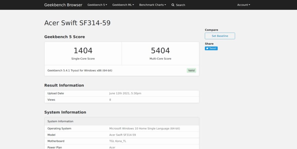 GeekBench Score - Acer Swift 3 SF314-59-524M