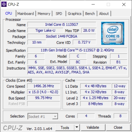 CPU-Z Acer Swift 3 -SF314-59-524M