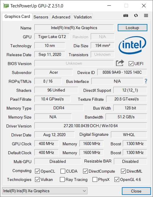 GPU-Z Acer Swift 3 sf314-59-524m