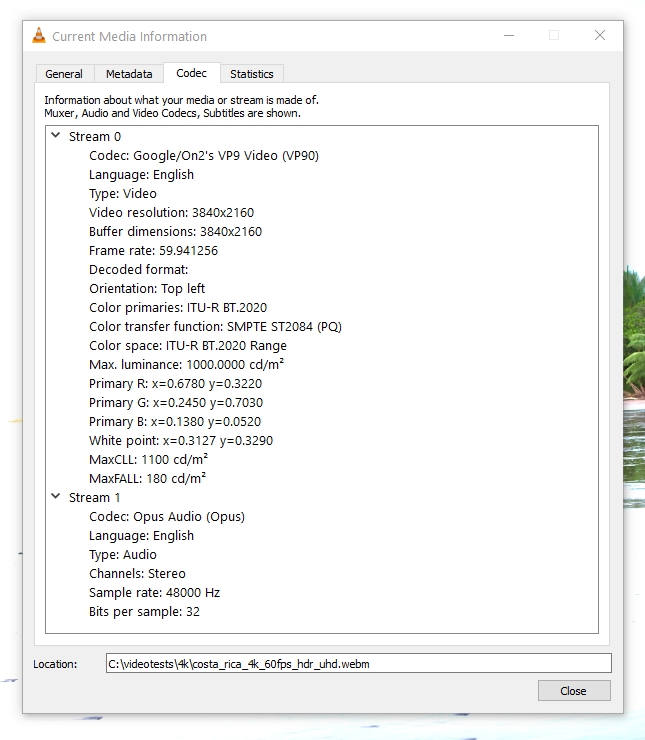 VLC Player Codec Details - Costa Rica HDR Video