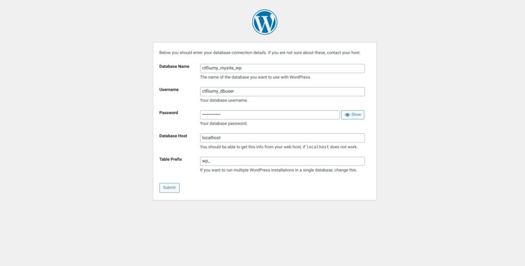 Wordpress Setup Database Details Filled