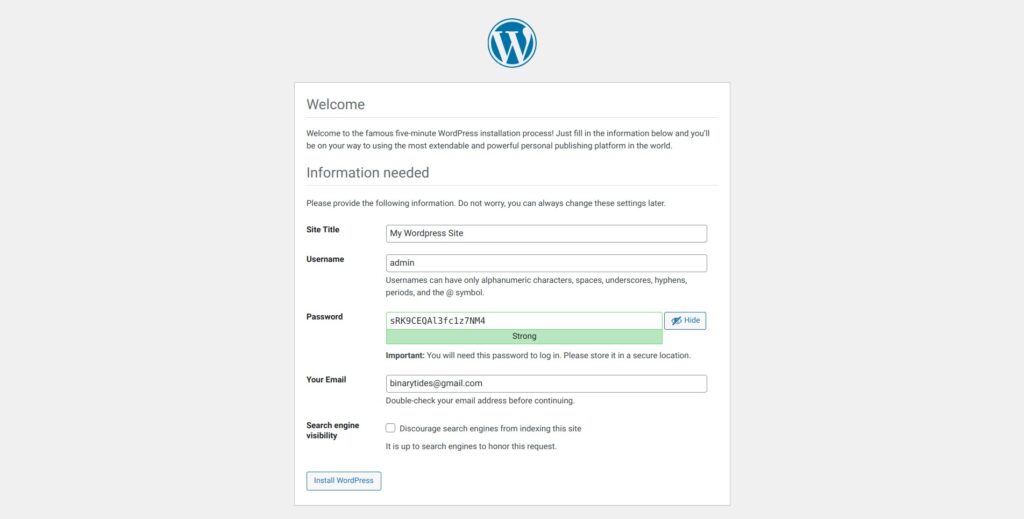 Wordpress Installation Information needed